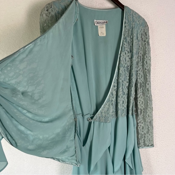 Vintage 70 80s Cheryl Kaye Sea Green Lace Asymmetric Cascading Ruffle Wrap Dress - Picture 6 of 16